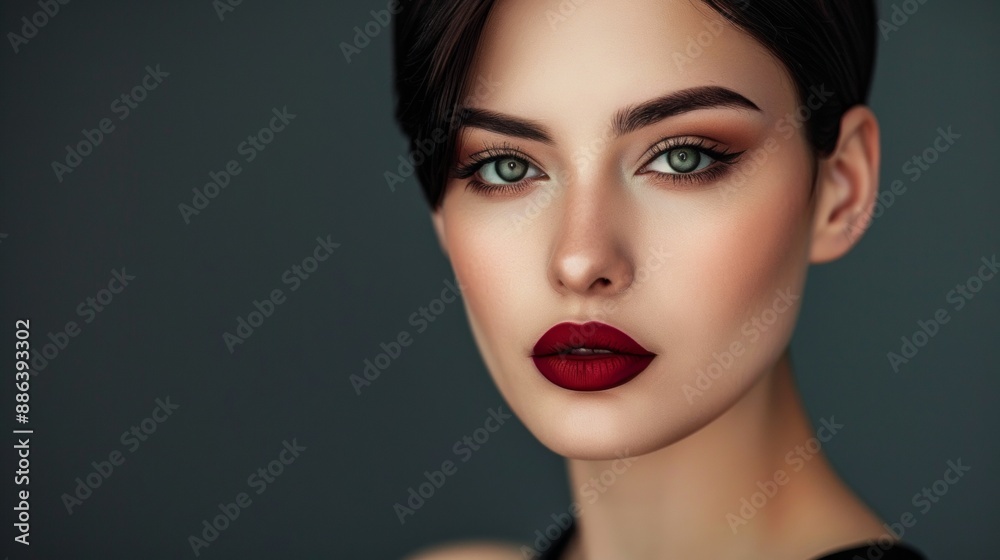 Woman With Red Lipstick Posing For a Close-Up Portrait Against a Dark Background Woman With Red Lipstick Posing For a Close-Up Portrait Against a Dark Background