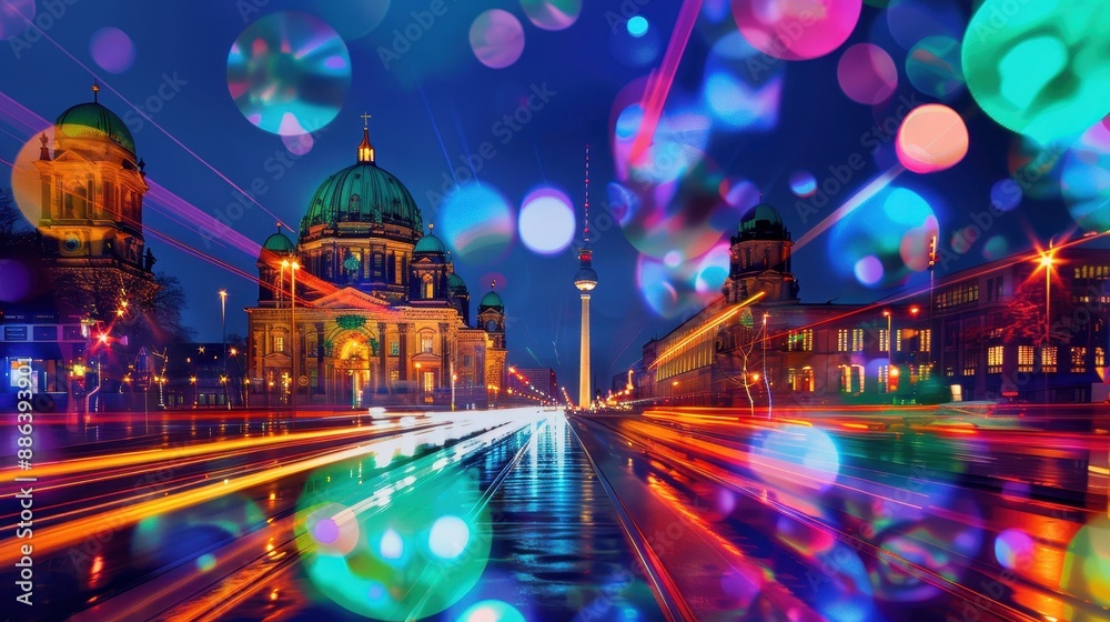 Φωτογραφία A scene from the Festival of Lights in Berlin with illuminated landmarks, the vibrant lights providing a dynamic background for text