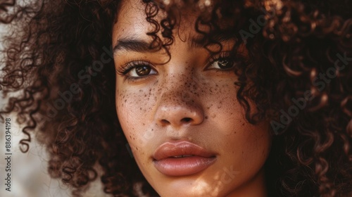 Close Up Portrait of a Woman With Curly Hair and Freckles