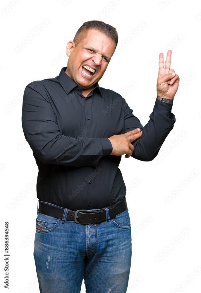 Handsome middle age arab business man over isolated background smiling with happy face winking at the camera doing victory sign. Number two. Handsome middle age arab business man over isolated background smiling with happy face winking at the camera doing victory sign. Number two.