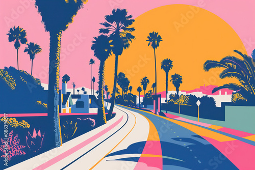 Risograph riso print travel poster, card, wallpaper or banner illustration, modern, isolated, clear, simple of Inglewood, California, USA. Artistic, screen printing, stencil