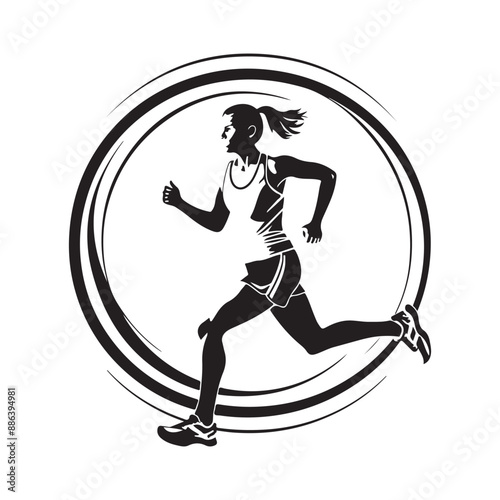 Female Marathon Runner  on Circle silhouette Stock Vector isolated on white