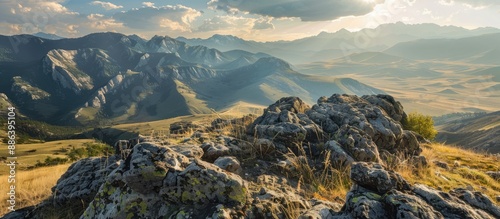 Scenic mountain landscape with rugged terrain and vast copy space image.