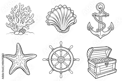 Set of sketches of sea plants and objects. Reef, chest, shell