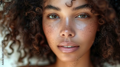 Close Up Portrait of a Woman With Curly Hair and Freckles