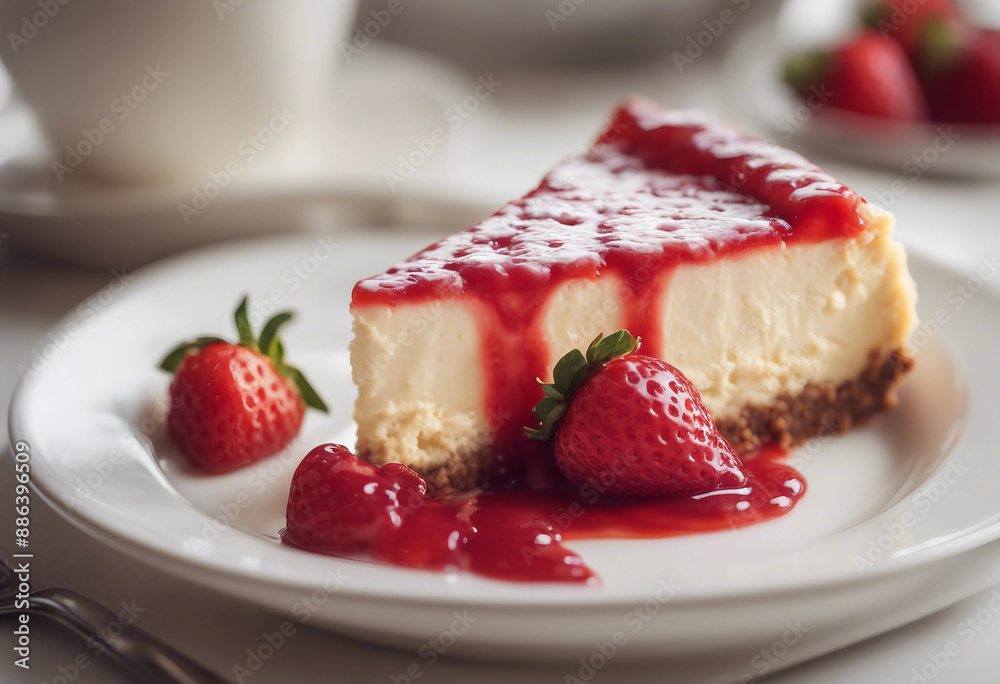 creamy cheesecake with a strawberry topping on a white porcelain plate
creamy cheesecake with a strawberry topping on a white porcelain plate