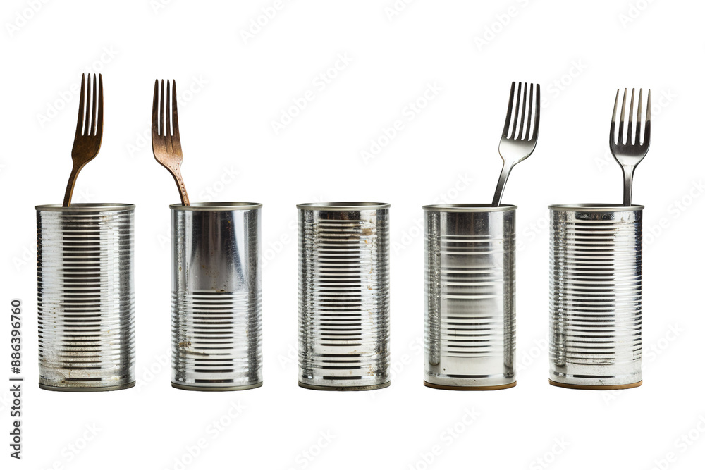 A Silverware Symphony: Four Forks Stand Tall in Empty Tin Cans on a White or Clear Surface PNG Transparent Background A Silverware Symphony: Four Forks Stand Tall in Empty Tin Cans on a White or Clear Surface PNG Transparent Background