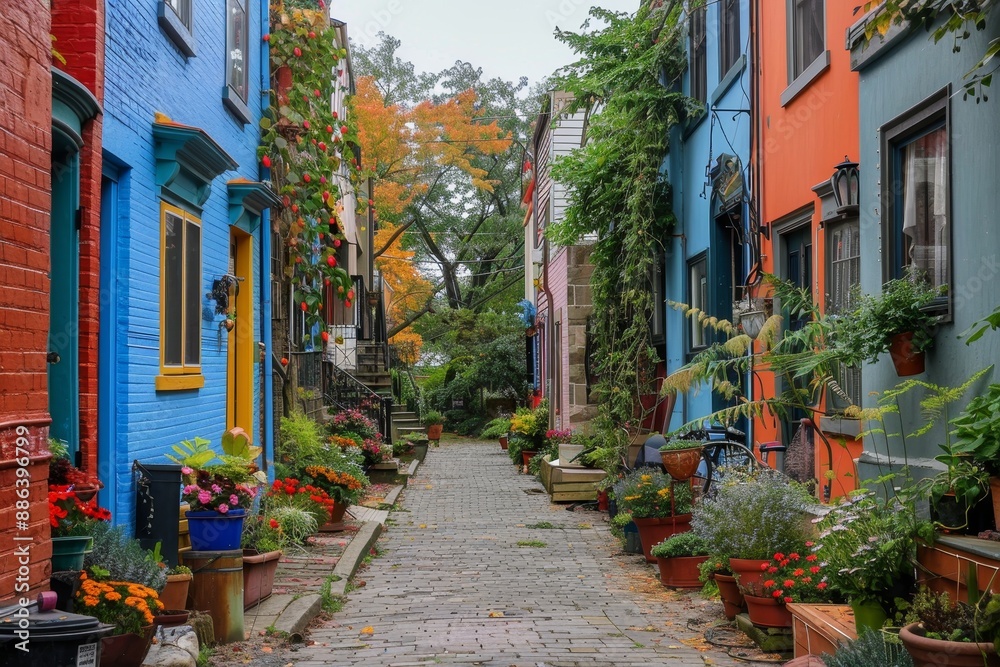 Fototapeta premium Colorful cobblestone street in Toronto, featuring historic architecture and bustling activity, Discovering hidden gems in a lively and colorful neighborhood