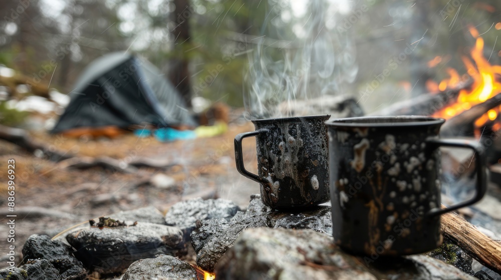 Two Cups of Hot Drink by a Campfire Two Cups of Hot Drink by a Campfire