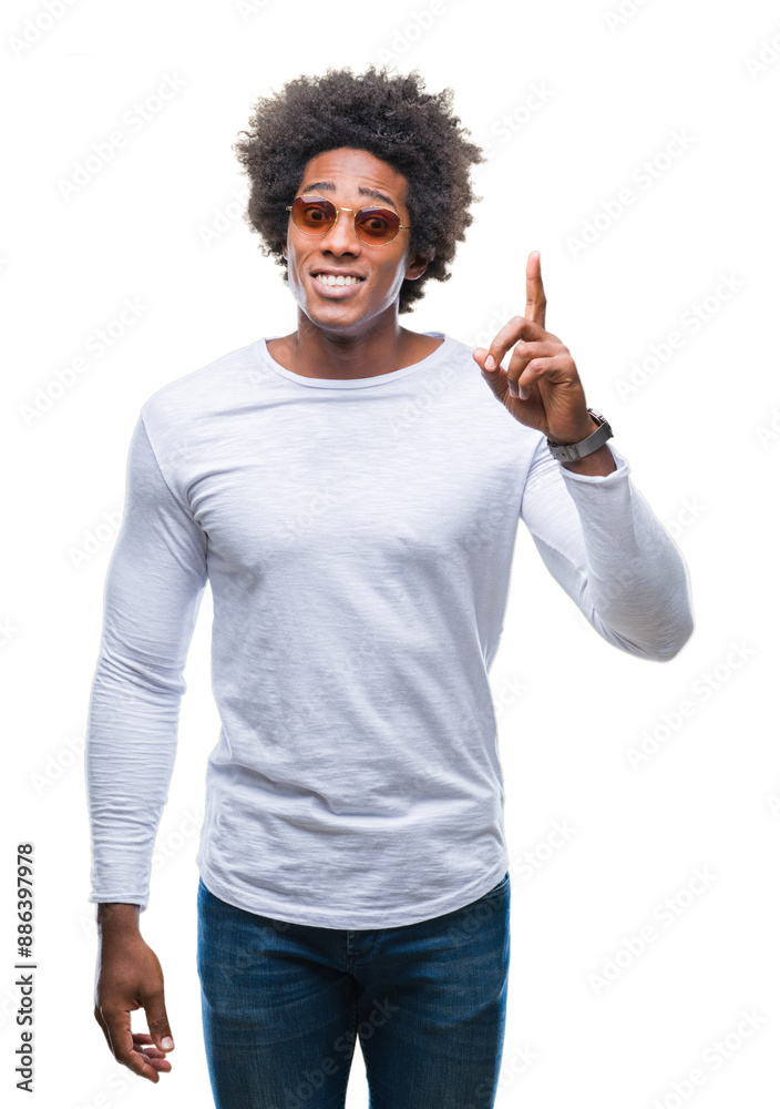 Afro american man wearing sunglasses over isolated background pointing finger up with successful idea. Exited and happy. Number one. Afro american man wearing sunglasses over isolated background pointing finger up with successful idea. Exited and happy. Number one.