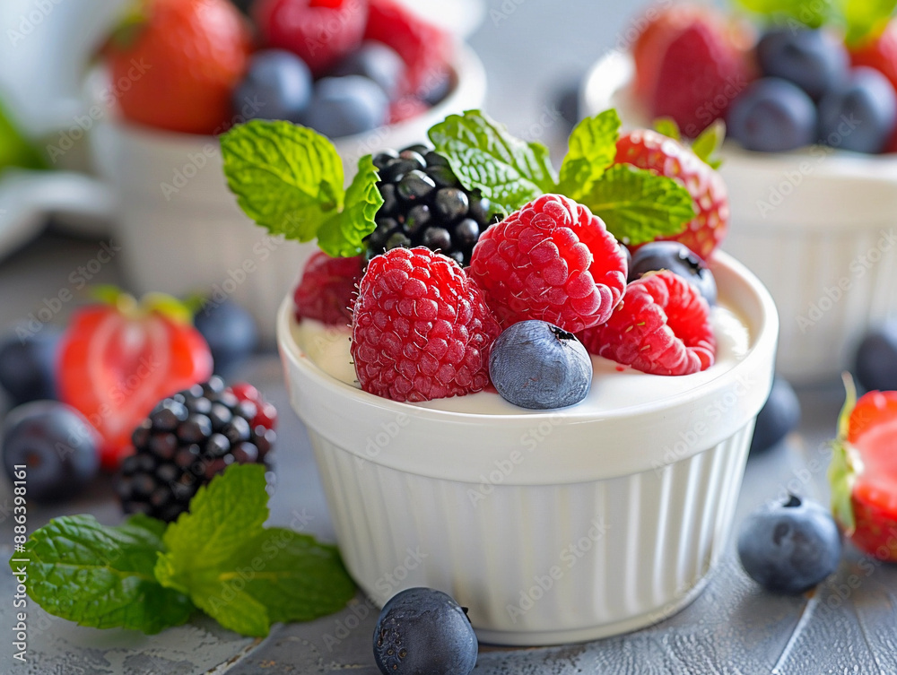 Fresh Berry and Yogurt Dessert in White Bowl With Mint Fresh Berry and Yogurt Dessert in White Bowl With Mint