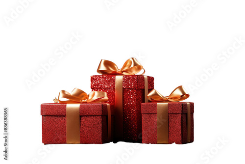 Three Red Gift Boxes With Gold Ribbon Bows Against A White Background on a White or Clear Surface PNG Transparent Background photo