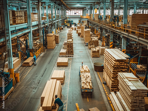 Woodworking Factory Workers Moving Lumber Stacks in Industrial Facility
