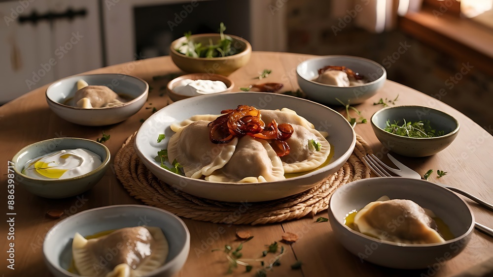Pierogi or pyrohy, varenyky, vareniki, dumplings served with caramelized salted onion in bowl on wooden table Pierogi or pyrohy, varenyky, vareniki, dumplings served with caramelized salted onion in bowl on wooden table
