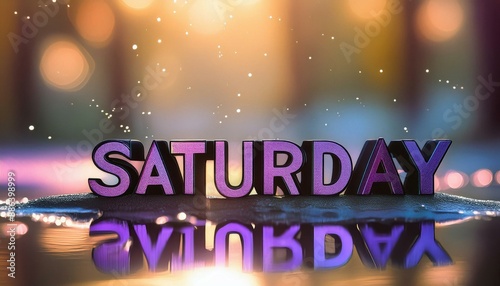 Purple letters that spell out the word saturday on a reflective surface