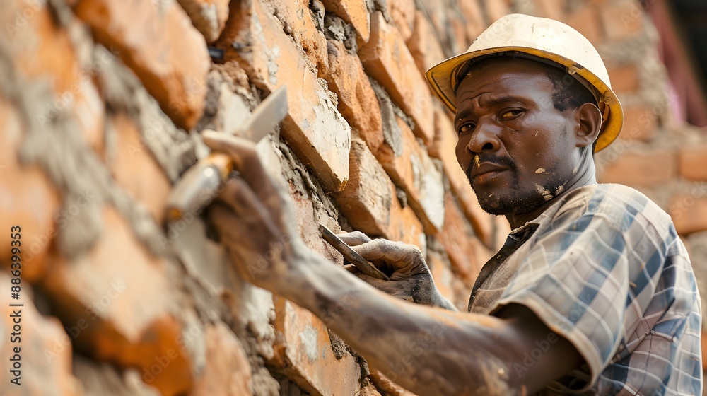 Worker using chisel on brick wall, construction site, renovation, hard work Worker using chisel on brick wall, construction site, renovation, hard work