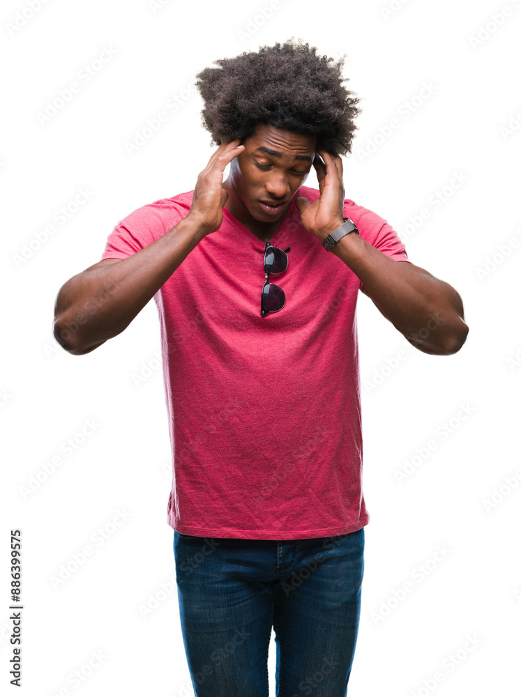 Afro american man over isolated background with hand on head for pain in head because stress. Suffering migraine. Afro american man over isolated background with hand on head for pain in head because stress. Suffering migraine.