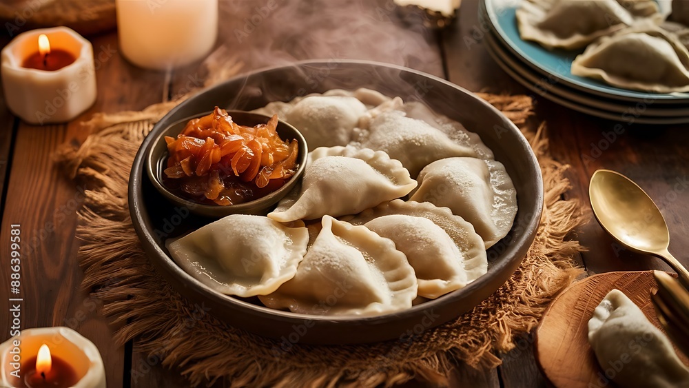 Pierogi or pyrohy, varenyky, vareniki, dumplings served with caramelized salted onion in bowl on wooden table Pierogi or pyrohy, varenyky, vareniki, dumplings served with caramelized salted onion in bowl on wooden table