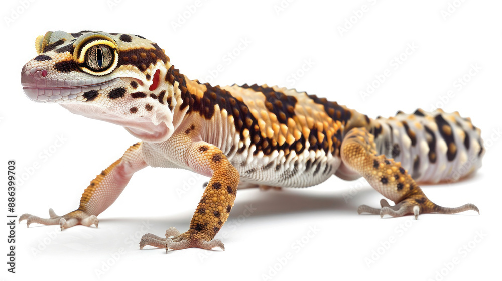 Obraz premium Closeup of isolated white leopard gecko lizard with bright yellow eye on white background