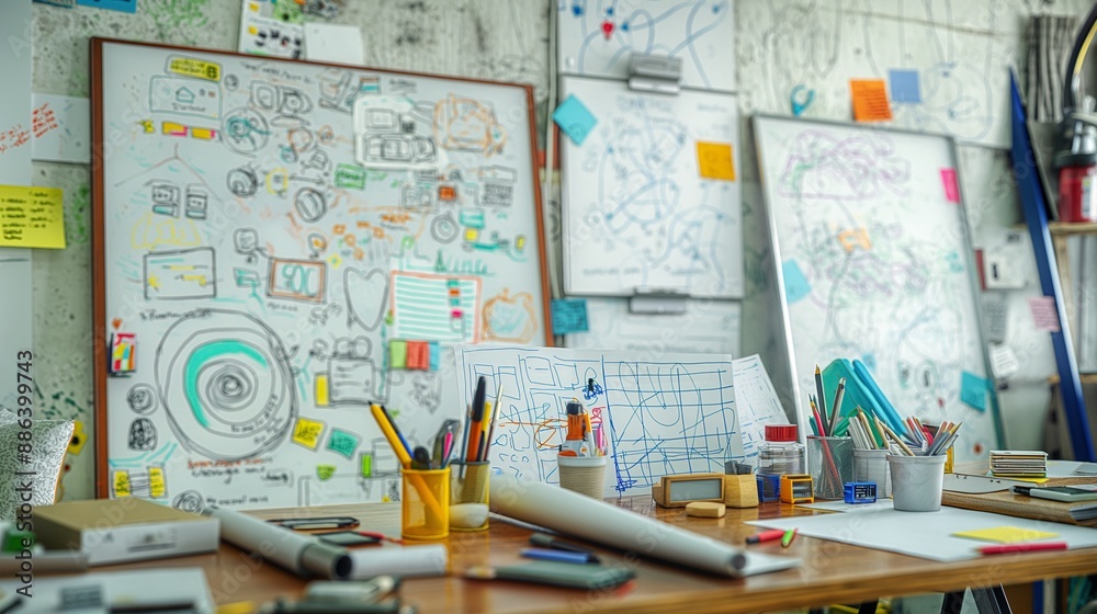 A startup office featuring a brainstorming session setup with whiteboards covered in diagrams and charts, and a table full of creative tools. A startup office featuring a brainstorming session setup with whiteboards covered in diagrams and charts, and a table full of creative tools.