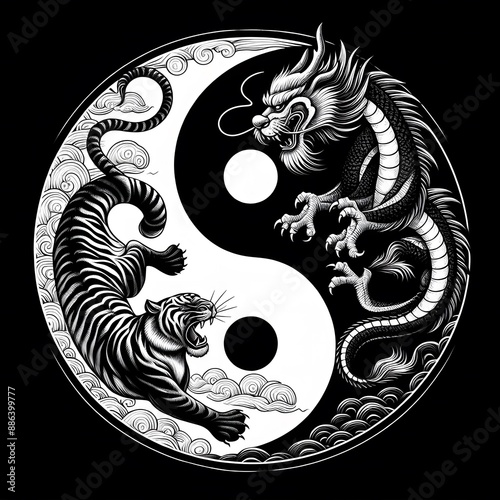 AI Generate A Black Dragon and White Tiger flying in circle create a yin yang pattern
