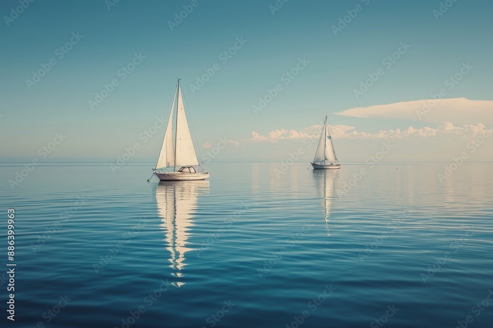 Fototapeta premium Two sailboats peacefully float on the calm waters on a serene day, Distant sailboats drifting on the calm waters
