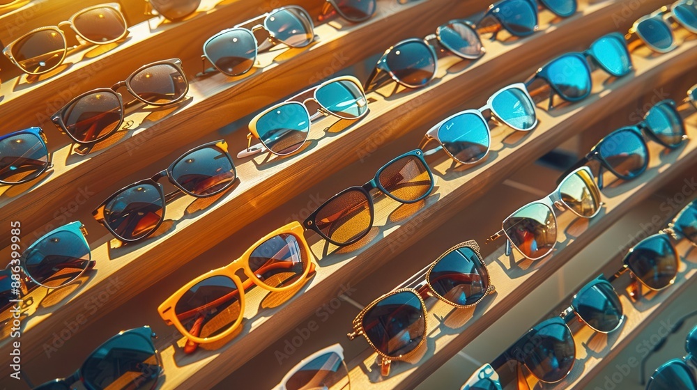 Aerial shot of high-end sunglasses and spectacles, room for text Aerial shot of high-end sunglasses and spectacles, room for text
