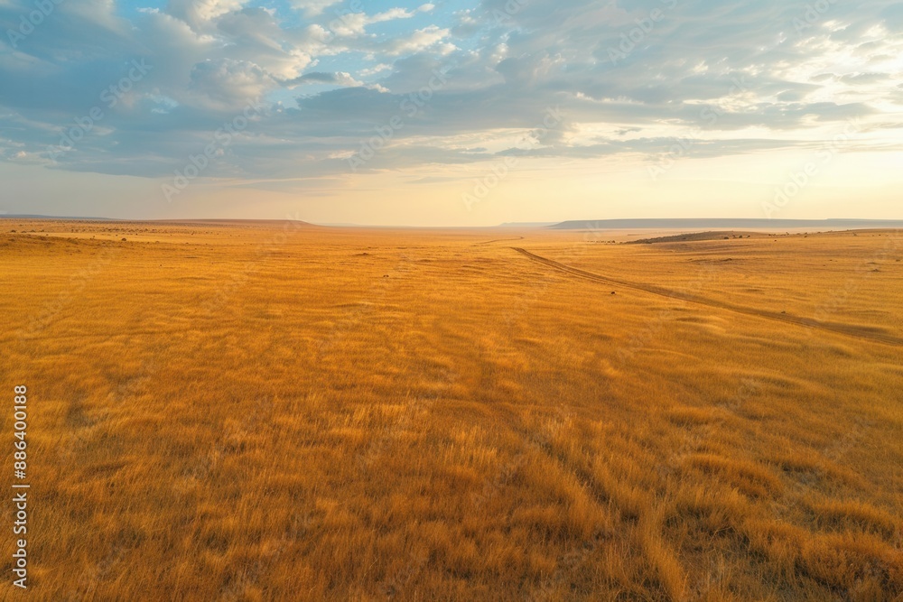 Naklejka premium African plains, lion pride, golden grasses, bird's-eye view, warm tones, wide-angle shot, crisp clarity