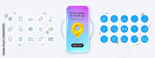 Phone mockup with 3d map pin icon. Favorite, Fast delivery and Diesel canister line icons. Pack of Metro, Laptop insurance, Phone message icon. Downloading, Milestone, Sunny weather pictogram. Vector