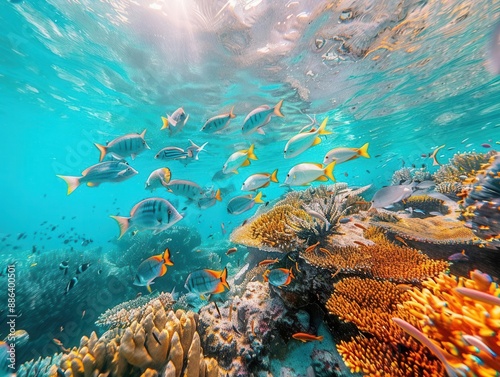 Australian reef, diverse fish, clear ocean, bird's-eye view, vibrant corals, wide-angle shot, underwater clarity photo