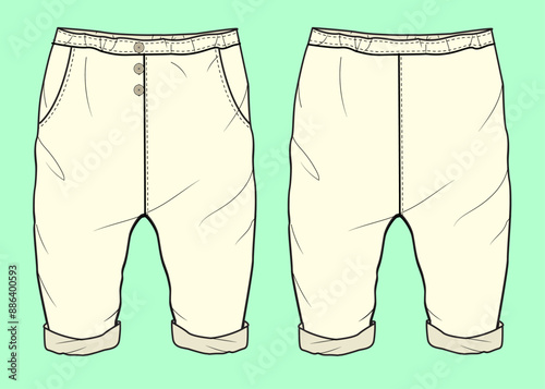  baby unsex terry fleece turn up with button down pants fashion illustration flat sketch vector. 
