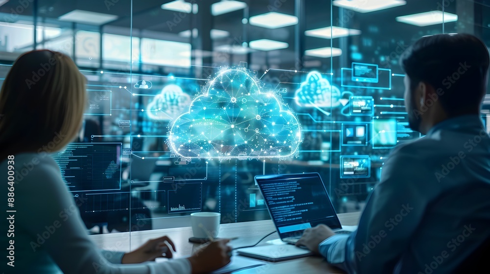 A high tech office with a team discussing cloud computing strategies on digital whiteboards showcasing seamless and connectivity for business