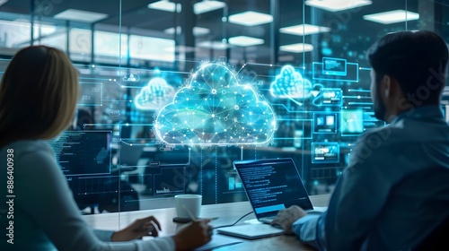 Obraz na płótnie A high tech office with a team discussing cloud computing strategies on digital whiteboards showcasing seamless and connectivity for business w salonie