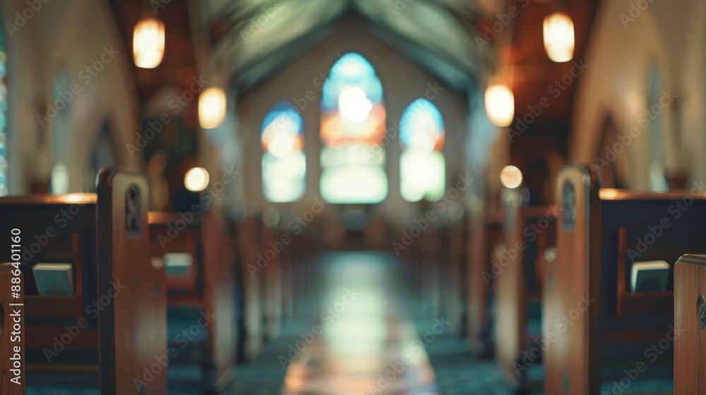 Blurred church interior with wooden pews and stained glass