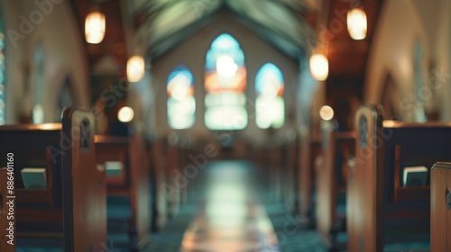 Blurred church interior with wooden pews and stained glass photo