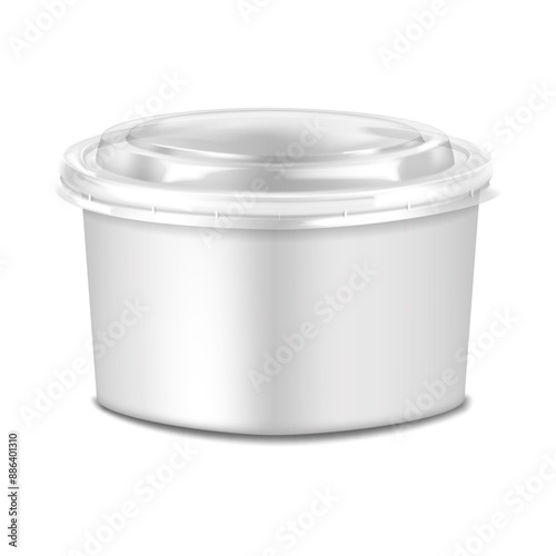 White paper salad bowl with clear plastic lid. 3d mockup. Disposable takeaway food container. Realistic vector mock-up. Template for design
