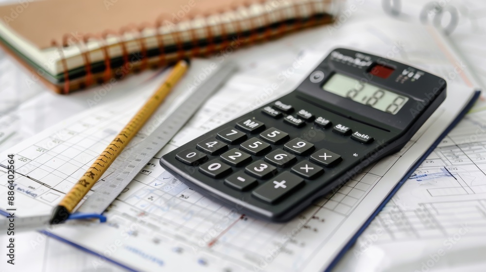 Calculator on a Table with a Notebook and a Ruler. Calculator on a Table with a Notebook and a Ruler.