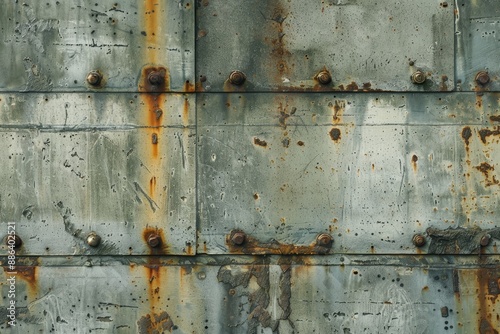 Weathered concrete wall adorned with rusted metal plates secured by rivets, Distressed concrete wall with rusted metal accents © Iftikhar alam