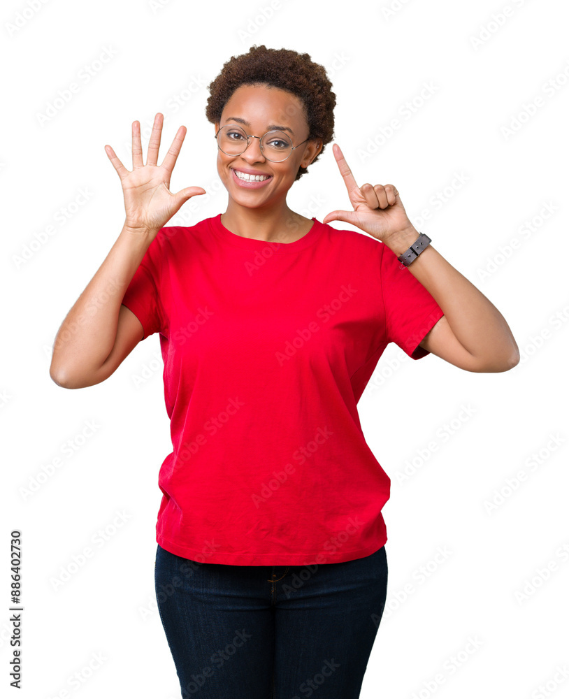 Beautiful young african american woman wearing glasses over isolated background showing and pointing up with fingers number seven while smiling confident and happy. Beautiful young african american woman wearing glasses over isolated background showing and pointing up with fingers number seven while smiling confident and happy.