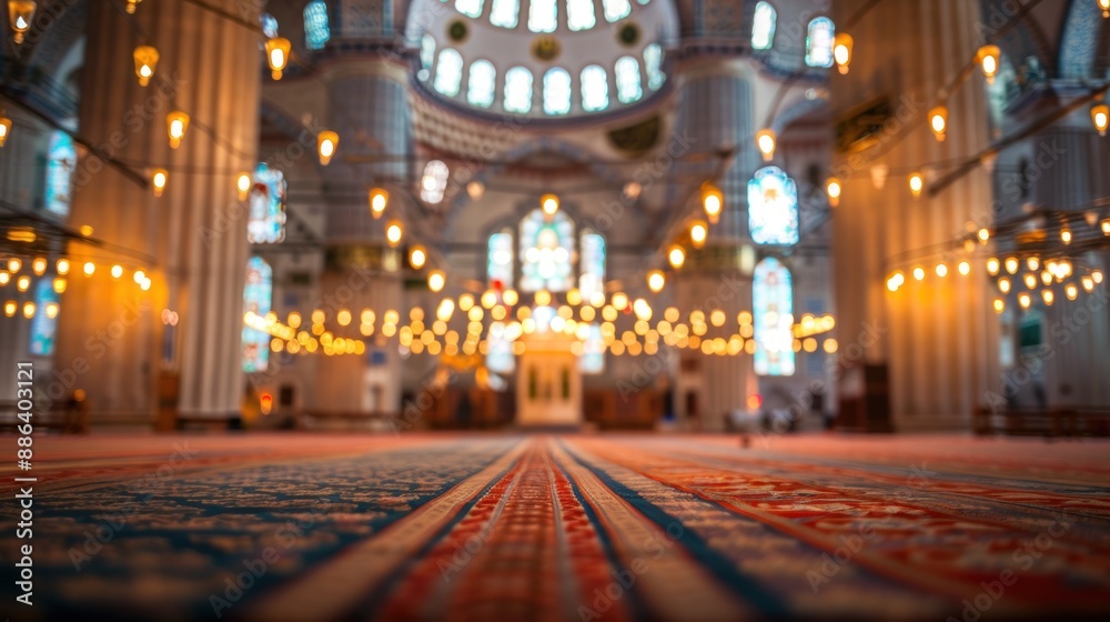 Obraz premium Beautifully lit interior of a mosque with patterns.