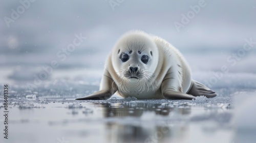 A young Baikal seal pup lies on the ice of a frozen lake, its large, dark eyes gazing intently at the viewer photo