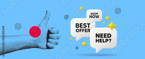 Hand showing thumb up like sign. Need help tag. Support service sign. Faq information symbol. Need help chat 3d speech bubble. Grain dots hand. Like thumb up sign. Shop now. Vector