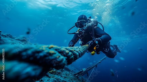 Ensuring Global Communication Network Integrity: Professional Diver Meticulously Inspects and Repairs Submarine Fiber-Optic Cable Underwater