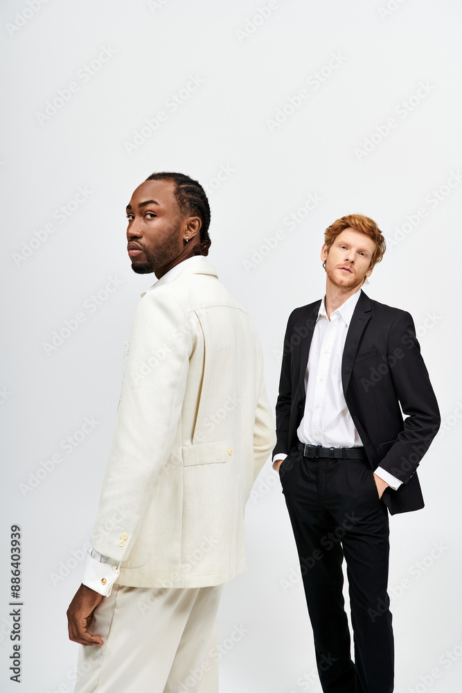 Two handsome men, one multicultural, stand elegantly in suits. Two handsome men, one multicultural, stand elegantly in suits.