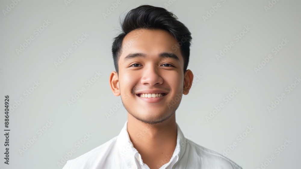 Smiling Indonesian Young Man in White Shirt, Perfect for Professional Portraits and Stock Photography, Isolated on Light Gray Background Smiling Indonesian Young Man in White Shirt, Perfect for Professional Portraits and Stock Photography, Isolated on Light Gray Background