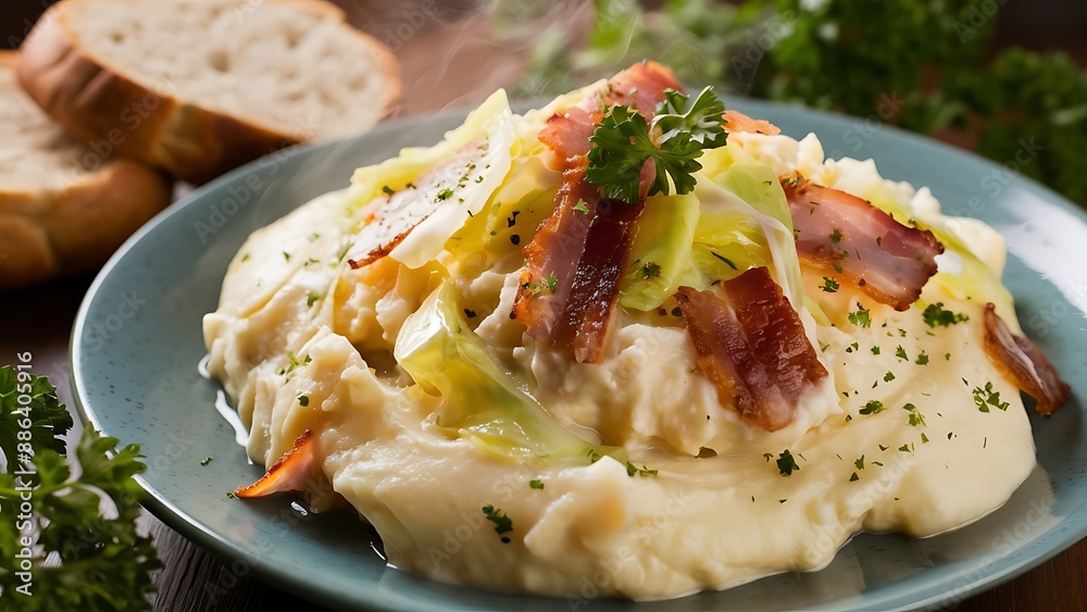 Colcannon, traditional Irish dish with mashed potatoes, bacon and cabbage Colcannon, traditional Irish dish with mashed potatoes, bacon and cabbage
