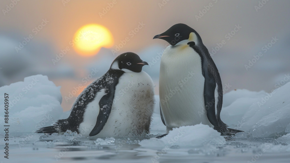 Fototapeta premium Four Emperor Penguins Standing Together in Snow at Sunrise