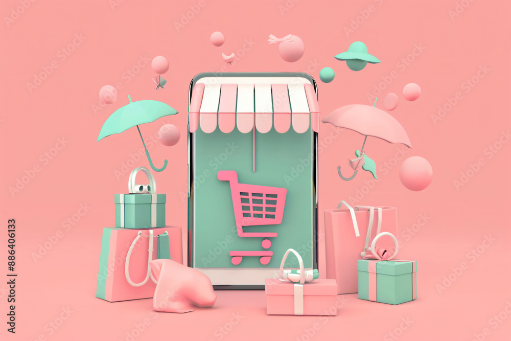 Fototapeta premium 3d Rendering Of An Ecommerce App With Smartphone And Paper Box For Online Shopping Background
