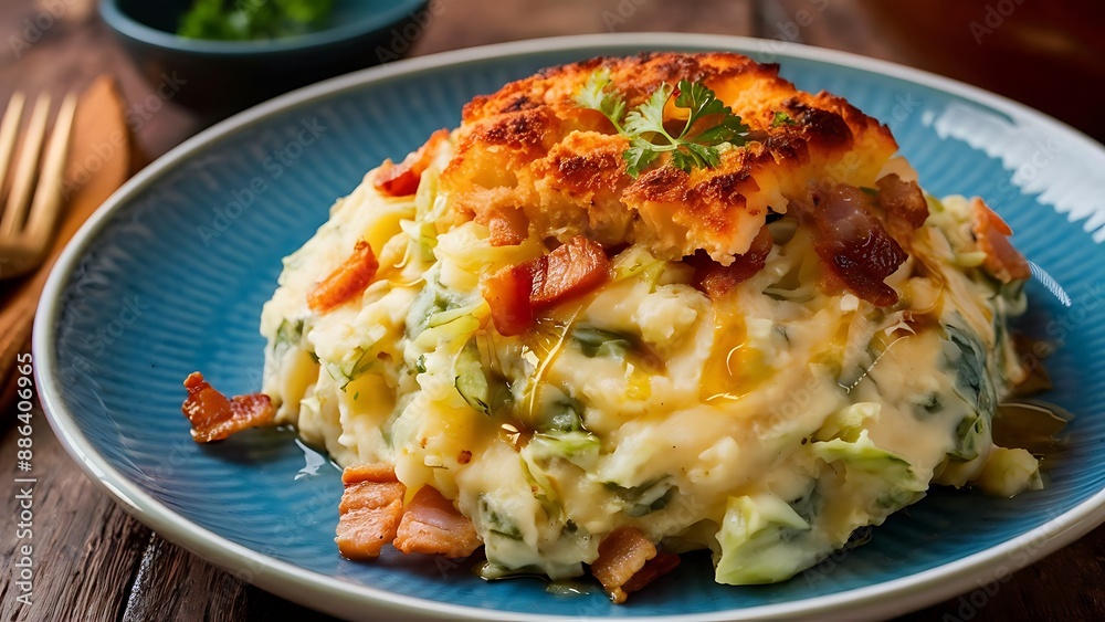 Colcannon, traditional Irish dish with mashed potatoes, bacon and cabbage Colcannon, traditional Irish dish with mashed potatoes, bacon and cabbage