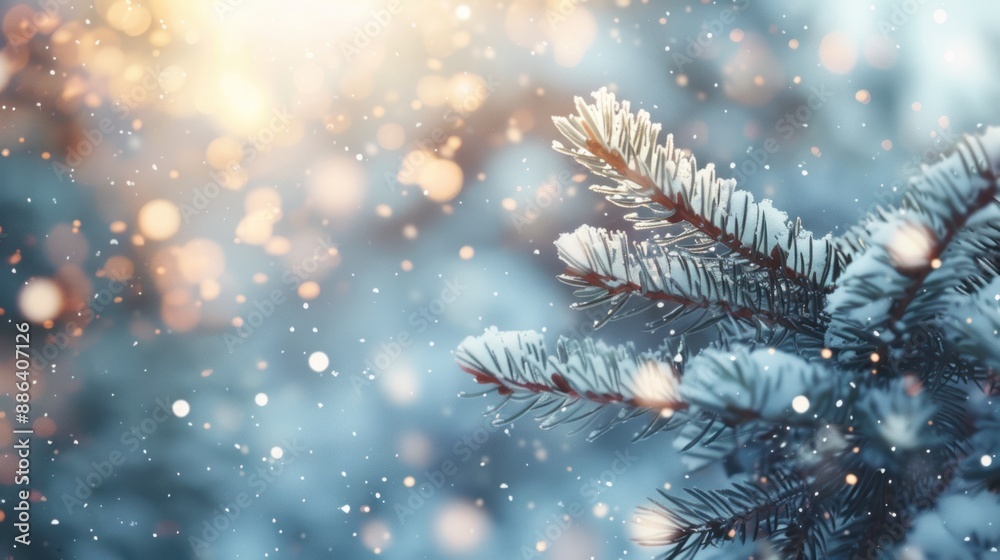 Snow-covered branches with sunlight and bokeh effect Snow-covered branches with sunlight and bokeh effect